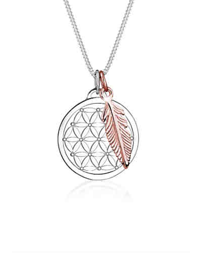 Halskette Lebensblume Feder Bi-Color 925 Sterling Silber